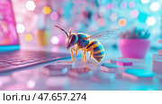 A busy bee working: Macro of a Apis mellifera on keyboard keys in pink and teal environment. Стоковое AI-изображение, AI-художник Данила Большаков / Фотобанк Лори