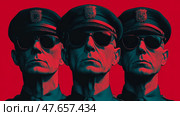 Uniformed Vigilance: A trio of stern officers in pop art coloration, evoking authority and unwavering resolve. Стоковое AI-изображение, AI-художник Данила Большаков / Фотобанк Лори