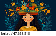 Floral Crown Girl: a vibrant depiction of woman adorned with flowers and foliage, evoking whimsy and natural beauty for digital illustration. Стоковое AI-изображение, AI-художник Данила Большаков / Фотобанк Лори