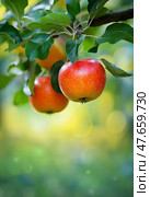 Close-up of apple tree branch with two red apples against green background. Bokeh effect. Стоковое AI-изображение, AI-художник Катерина Ковалева / Фотобанк Лори