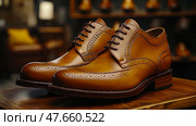 Elegant Tan Leather Brogue Oxford Shoes on Wooden Display. Стоковое AI-изображение, AI-художник Данила Большаков / Фотобанк Лори