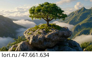 Solitary Tree on Mountaintop Rock Formation in Misty Landscape: A Breathtaking Vista. Стоковое AI-изображение, AI-художник Данила Большаков / Фотобанк Лори