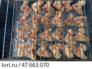 Маринованные куриные крылышки на решетке, приготовление на мангале - Marinated chicken wings on the grill, cooking on the grill. Стоковое фото, фотограф Владислав Дельдюгинов / Фотобанк Лори