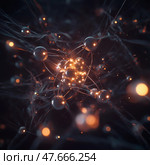 Atom with rotating electrons, energy and matter concept background. Стоковое AI-изображение, AI-художник Михаил Коханчиков / Фотобанк Лори