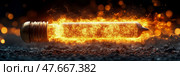 Inferno Core: Metallic rod engulfed in a fiery aura, radiating intense heat on a rocky surface. Стоковое AI-изображение, AI-художник Данила Большаков / Фотобанк Лори