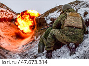 Военнослужащие в окопе во время учений на военном полигоне. Стоковое фото, фотограф Александр Река / ТАСС / Фотобанк Лори