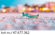 Chromatic Hopper: A Close Encounter with a Teal Grasshopper in a Dreamy Coral Landscape, Perfect for nature appreciation and educational material. Стоковое AI-изображение, AI-художник Данила Большаков / Фотобанк Лори