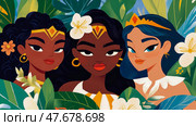 Three Goddesses: A Colorful Celebration of Sisterhood and Nature's Bounty, Fit for Greeting Cards and Inspirational Posters. Стоковое AI-изображение, AI-художник Данила Большаков / Фотобанк Лори