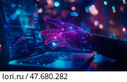 Digital Cybernetic Touch: Glowing Networked Hand Reaching Out from a Laptop Interface for Connection, Data, and Futuristic Interaction. Стоковое AI-изображение, AI-художник Данила Большаков / Фотобанк Лори