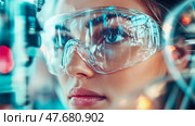 Scientist's Vision: A Glimpse into Innovation through Protective Eyewear, Research and Development with a touch of human ambition and hope. Стоковое AI-изображение, AI-художник Данила Большаков / Фотобанк Лори