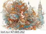 A fantasy illustration in watercolor style depicting a woman surrounded by swirls, leaves, birds, sea creatures and architectural elements. The composition is dynamic, full of details and a delicate palette with a predominance of blue, ochre and cream shades. The female figure seems to dissolve in a whirlwind of fairy-tale motifs, reminiscent of an allegory of nature, magic and art. Suitable for themes: fantasy, magic, fairy tales, creativity, femininity. Стоковое AI-изображение, AI-художник Анна Кривицкая / Фотобанк Лори