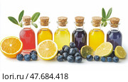 Aromatic Essence Still Life: Colorful Citrus & Berry Infusions for Wellness & Aromatherapy Use. Стоковое AI-изображение, AI-художник Данила Большаков / Фотобанк Лори
