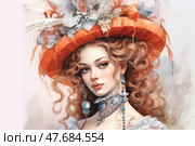 An elegant watercolor illustration of an aristocratic young woman with luxurious curls, adorned with exquisite jewelry. She is dressed in a vintage outfit with lace and a massive necklace, and on her head is a bright orange hat with a lush feather and decoration. The image is inspired by 18th century fashion, combining grace, aristocracy and theatricality. Ideal for themes related to fashion history, vintage art, feminine image and classical portraiture. Стоковое AI-изображение, AI-художник Анна Кривицкая / Фотобанк Лори