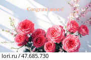 Luxurious bouquet of pink and red roses with spring flowers and congratulatory text for birthday, anniversary or wedding greetings. Стоковое AI-изображение, AI-художник Iva Noel / Фотобанк Лори