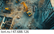 Aerial photography of a large construction site with heavy machinery in operation. In the foreground, yellow excavators and construction materials are neatly laid out around the perimeter. Around the site, there are buildings at various stages of construction, some of which already have floors and scaffolding. The shooting is done in warm and contrasting tones, emphasizing the industrial character of the scene. Ideal for the following themes: construction, urbanism, industrial development, infrastructure, logistics. Стоковое AI-изображение, AI-художник Анна Кривицкая / Фотобанк Лори