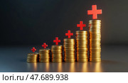 Rising medical costs threedimensional gold coin bar chart. Стоковое AI-изображение, AI-художник Андрей Бакусов / Фотобанк Лори