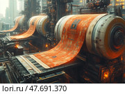 A futuristic image of a high-tech factory where huge industrial machines print or weave traditional oriental rugs. The combination of ancient decorative art and modern sci-fi surroundings creates an atmosphere of technological magic and innovative design. Bright carpets with oriental ornaments smoothly descend from giant shafts illuminated by warm industrial light. Ideal for themes of futurism, cyberpunk, textile production and creative technologies. Стоковое AI-изображение, AI-художник Анна Кривицкая / Фотобанк Лори