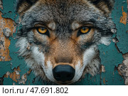 An artistic image of a wolf, harmoniously integrated into the texture of an old peeling wall. The predator's gaze - yellow hypnotic eyes, full of strength and mystery - pierces the viewer. An intriguing symbiosis of nature and the urban environment creates a visual effect of a mural or street graffiti. This work is ideal for the following themes: street art, wildlife, conceptual design, animal protection, urbanism, mysticism and psychological perception. Стоковое AI-изображение, AI-художник Анна Кривицкая / Фотобанк Лори