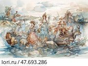 A fairytale style watercolor fantasy illustration depicting magical ladies in elegant dresses, mythical animals and a boat against the backdrop of a magical castle by the water. The scene is full of movement and detail: fantastic creatures swim around - unicorns, griffins, fairy fish and dragon-like beasts. The atmosphere is enchanting and romantic, reminiscent of illustrations for old European fairy tales or fantasy books. The color palette is soft pastel tones with accents of watercolor transparency. Стоковое AI-изображение, AI-художник Анна Кривицкая / Фотобанк Лори
