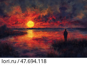 Scenic illustration of a person silhouetted against a vibrant sunset, standing on the lakeshore. The fiery sky reflects on the calm water, creating a contemplative and dreamlike atmosphere. The color palette ranges from intense reds and oranges to deep purples and blues. Perfect for themes of solitude, reflection, nature, and inner journey. Стоковое AI-изображение, AI-художник Анна Кривицкая / Фотобанк Лори