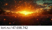 Magical Sunset over Lavender Field with Firefly Swarm: A breathtaking digital illustration of a serene landscape at sunset, featuring a vibrant lavender field illuminated by a swarm of fireflies. Стоковое AI-изображение, AI-художник Данила Большаков / Фотобанк Лори