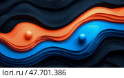 Abstract Blue and Orange Wave Landscape with Spheres: A mesmerizing digital artwork featuring layered, undulating forms in shades of blue and orange, interspersed with dark spaces and accented by smo. Стоковое AI-изображение, AI-художник Данила Большаков / Фотобанк Лори