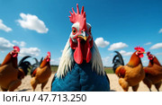 Vibrant blue rooster in a rural farm setting. Стоковое AI-изображение, AI-художник Андрей Бакусов / Фотобанк Лори