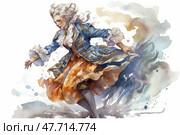 A watercolour illustration of an elegant Baroque or Rococo character, either a man or androgynous figure with white curly hair, dressed in an ornate 18th century costume. The garment consists of a blue frock coat with gold trim, lace cuffs and an orange full skirt, all enhanced by dramatic washes of paint that create a sense of movement, swirl or magic. The composition exudes a sense of theatricality, artistry and historical fantasy. Стоковое AI-изображение, AI-художник Анна Кривицкая / Фотобанк Лори