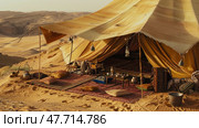 A traditional Bedouin tent in the desert, with a backdrop of picturesque dunes and sand dunes. The interior is decorated with rugs, cushions, low tables and tea accessories, creating an atmosphere of coziness and hospitality. Soft sunlight highlights the texture of the fabric and the richness of the details. This scene reflects the nomadic way of life, oriental culture and the spirit of desert travel. Стоковое AI-изображение, AI-художник Анна Кривицкая / Фотобанк Лори