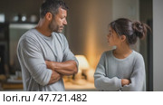 Father and daughter having a serious conversation at home. Стоковое AI-видео, аниматор Юрий Поздников / Фотобанк Лори