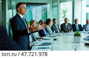 Mature businessman leading a meeting in conference room. Стоковое AI-изображение, AI-художник Юрий Поздников / Фотобанк Лори