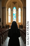 View from the back to the nun in the church, close-up. Стоковое AI-изображение, AI-художник Sergey Grishin / Фотобанк Лори