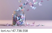 Colorful paper butterflies float from a glass jar in soft lighting. Разноцветные бумажные бабочки вылетают из стеклянной банки при мягком освещении. Стоковое AI-изображение, AI-художник Katsiaryna Repich / Фотобанк Лори