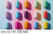 Colorful capsules arranged symmetrically on pastel backgrounds in vibrant hues. Разноцветные капсулы симметрично расположены на пастельных фонах ярких оттенков. Стоковое AI-изображение, AI-художник Katsiaryna Repich / Фотобанк Лори