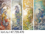A series of fantasy-style watercolor illustrations that represent the seasons through feminine figures and mythical creatures surrounded by natural elements. Each of the four vertical scenes is filled with symbols of spring, summer, autumn and winter - flowers, trees, animals and changing light. The illustrations are done in a soft pastel palette with great attention to detail. Ideal for book design, art calendars, interior decor and themes of nature, fairy tales, magic. Стоковое AI-изображение, AI-художник Анна Кривицкая / Фотобанк Лори