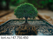 Digital tree with circuit branches emerging from a flat surface in nature. Цифровое дерево с ветвями, выходящими из плоской поверхности на природе. Стоковое AI-изображение, AI-художник Katsiaryna Repich / Фотобанк Лори