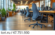 Modern office interior with ergonomic chairs and ample natural light. Современный интерьер офиса с эргономичными креслами и достаточным количеством естественного света. Стоковое AI-изображение, AI-художник Katsiaryna Repich / Фотобанк Лори