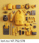 A modern flat lay composition featuring travel, hiking and multi-purpose items neatly arranged on a bright yellow background. The backpack is in the center, surrounded by various accessories and tools, including flashlights, flasks, multi-tools, ropes, knives, containers, gadgets and survival items. The image is minimalist and organized, suitable for tourism, outdoor, survival, camping and gear organization themes. Стоковое AI-изображение, AI-художник Анна Кривицкая / Фотобанк Лори