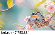 Springtime Affection: A Pair of Rufous-backed Sibia Nestled Amongst Blossoms. Стоковое AI-изображение, AI-художник Данила Большаков / Фотобанк Лори