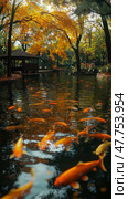 Autumn Serenity: Golden Koi Dance in a Tranquil Pond, A haven of Peace and Vibrant colors in the lap of Nature. Стоковое AI-изображение, AI-художник Данила Большаков / Фотобанк Лори