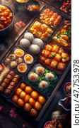Culinary Bento Feast: A Mouthwatering Selection of Asian Delights for Gourmet Indulgence. Стоковое AI-изображение, AI-художник Данила Большаков / Фотобанк Лори