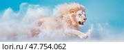 Majestic White Lion's Power: Unleashed in a Cloud of Mystery and Strength. Стоковое AI-изображение, AI-художник Данила Большаков / Фотобанк Лори