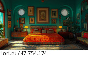 Eclectic Bedroom Interior with Rich Teal Walls and Orange Bedding, Evoking a Warm, Exotic Ambiance, Perfect for Home Decor Print. Стоковое AI-изображение, AI-художник Данила Большаков / Фотобанк Лори
