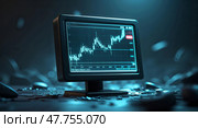 Charting market trends on a sleek monitor in a dark room during a late night session. Стоковое AI-изображение, AI-художник Сергей Толмачёв / Фотобанк Лори