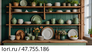 Elegant kitchen shelving displaying an array of ceramic dishes, plants, and decorative items in a cozy setting. Стоковое AI-изображение, AI-художник Сергей Толмачёв / Фотобанк Лори