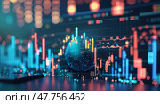 Digital financial analysis showcasing global market trends with colorful charts and graphs at night. Стоковое AI-изображение, AI-художник Сергей Толмачёв / Фотобанк Лори