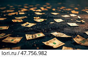 Scattered bills across a dark surface creating an atmosphere of chaos and abandonment in an urban setting. Стоковое AI-изображение, AI-художник Сергей Толмачёв / Фотобанк Лори