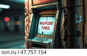 Broken ATM displaying insufficient funds warning in a dimly lit urban area at night. Стоковое AI-изображение, AI-художник Сергей Толмачёв / Фотобанк Лори
