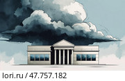 Dramatic cloud formation looms over a neoclassical building in an urban landscape during the late afternoon. Стоковое AI-изображение, AI-художник Сергей Толмачёв / Фотобанк Лори