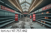 Store interior reflecting closure with empty shelves and clearout sale signs during a quiet afternoon. Стоковое AI-изображение, AI-художник Сергей Толмачёв / Фотобанк Лори